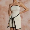 Contrast Trim Knit Tie Front Strapless Mini Dress>MICAS New