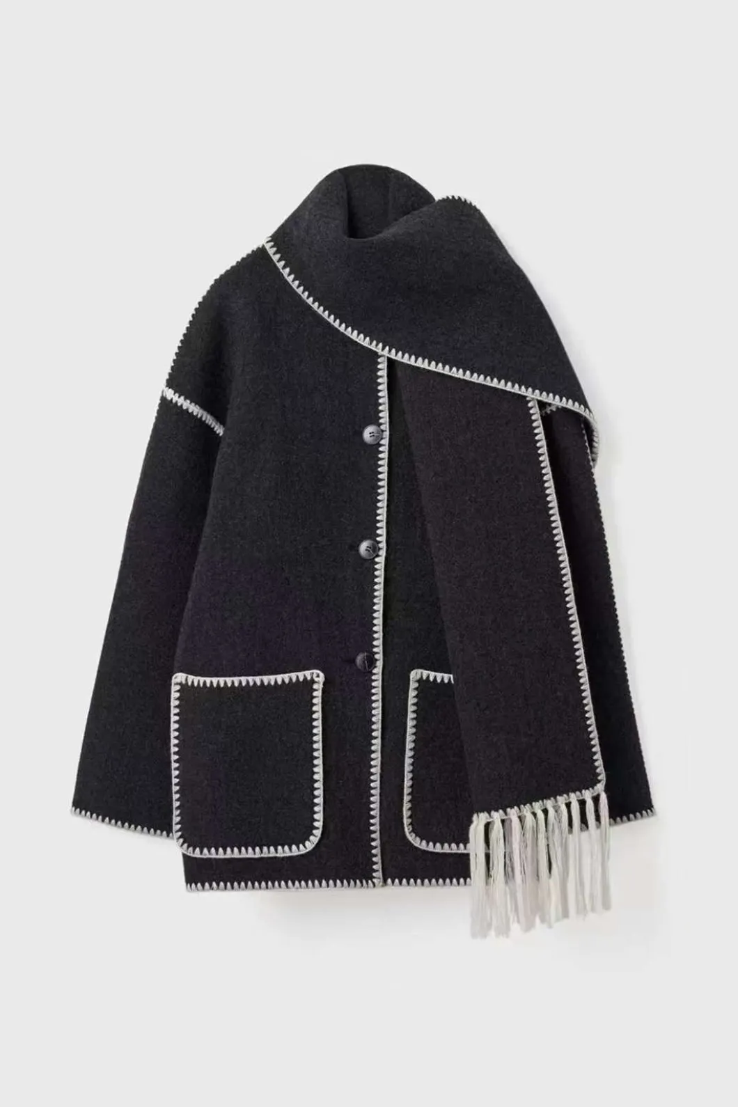 Contrast Trim Wool-blend Coat With Tassel Scarf>MICAS Sale