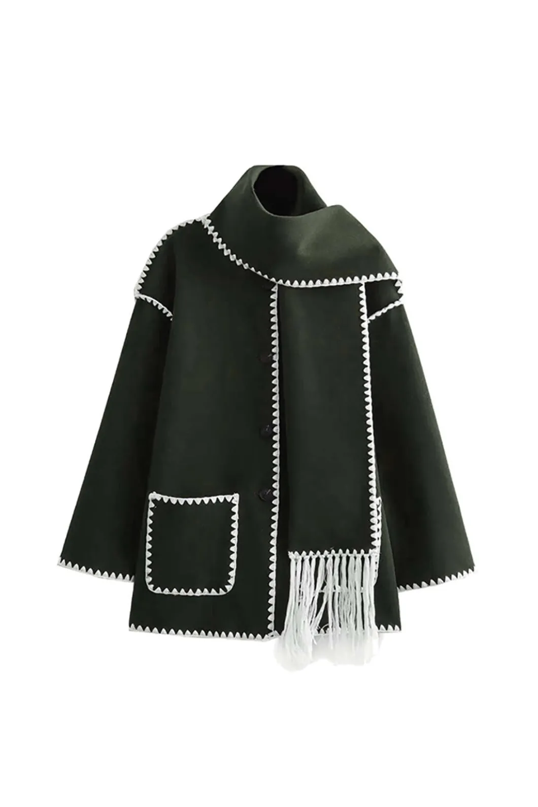 Contrast Trim Wool-blend Coat With Tassel Scarf>MICAS Sale