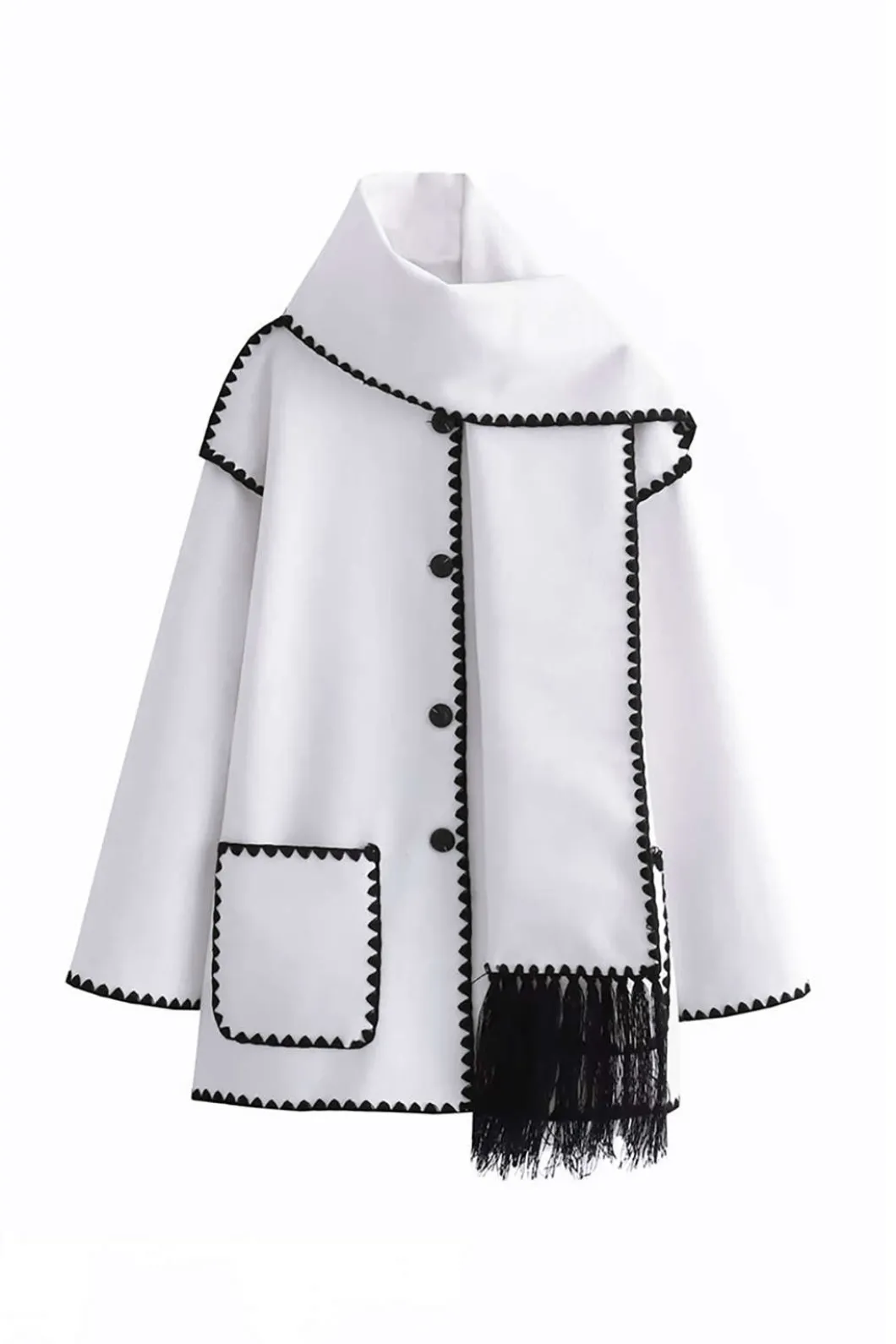 Contrast Trim Wool-blend Coat With Tassel Scarf>MICAS Sale