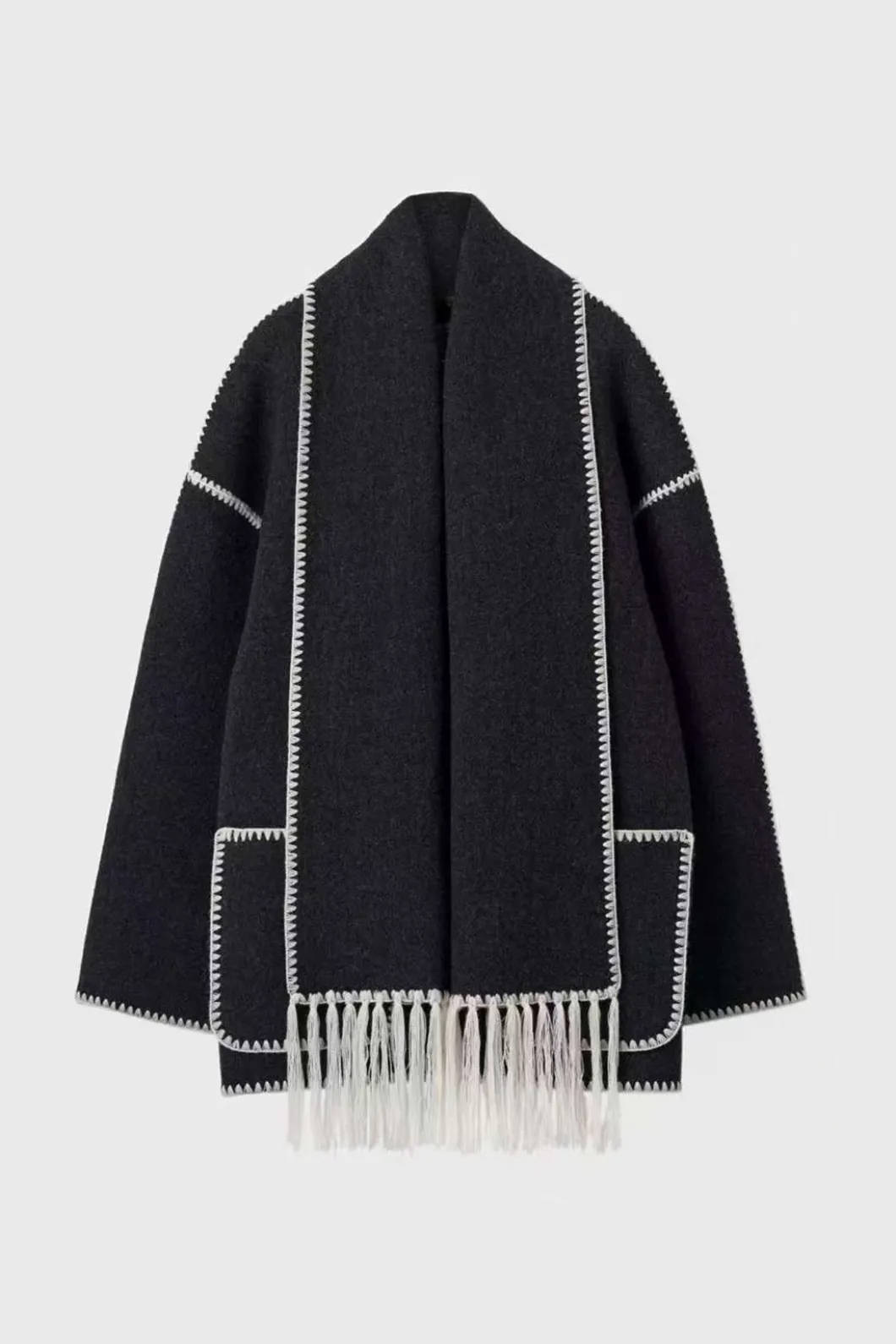 Contrast Trim Wool-blend Coat With Tassel Scarf>MICAS Sale