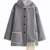 Contrast Trim Wool-blend Coat With Tassel Scarf>MICAS Sale