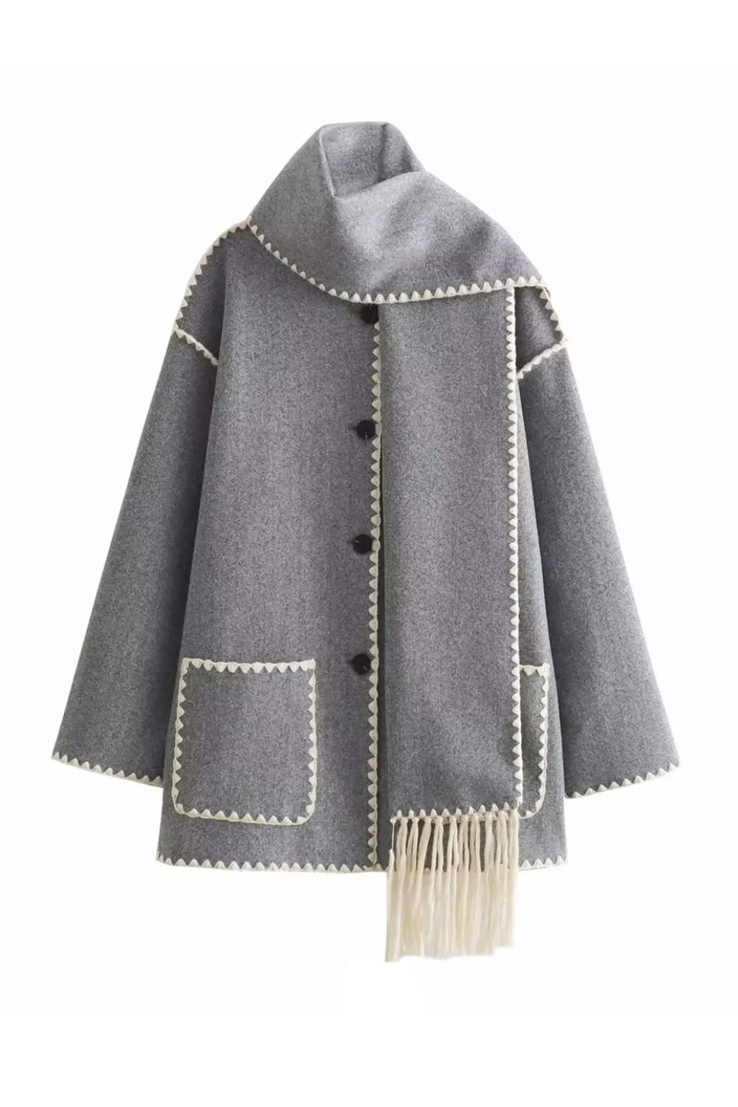 Contrast Trim Wool-blend Coat With Tassel Scarf>MICAS Sale