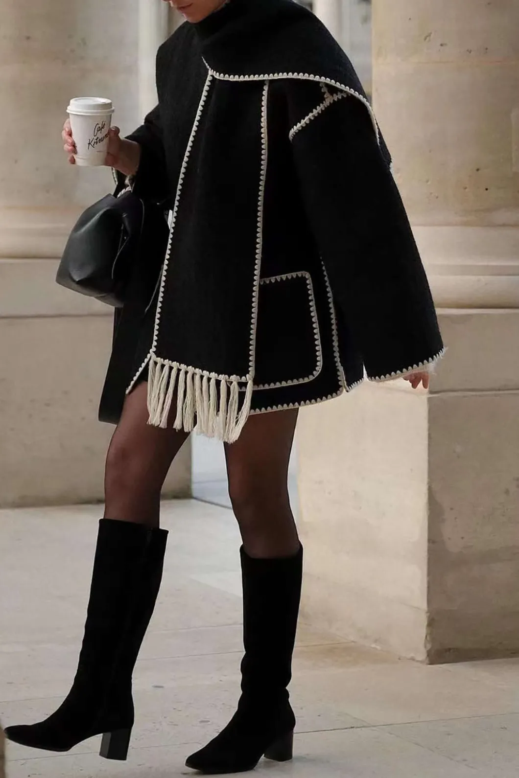 Contrast Trim Wool-blend Coat With Tassel Scarf>MICAS Sale