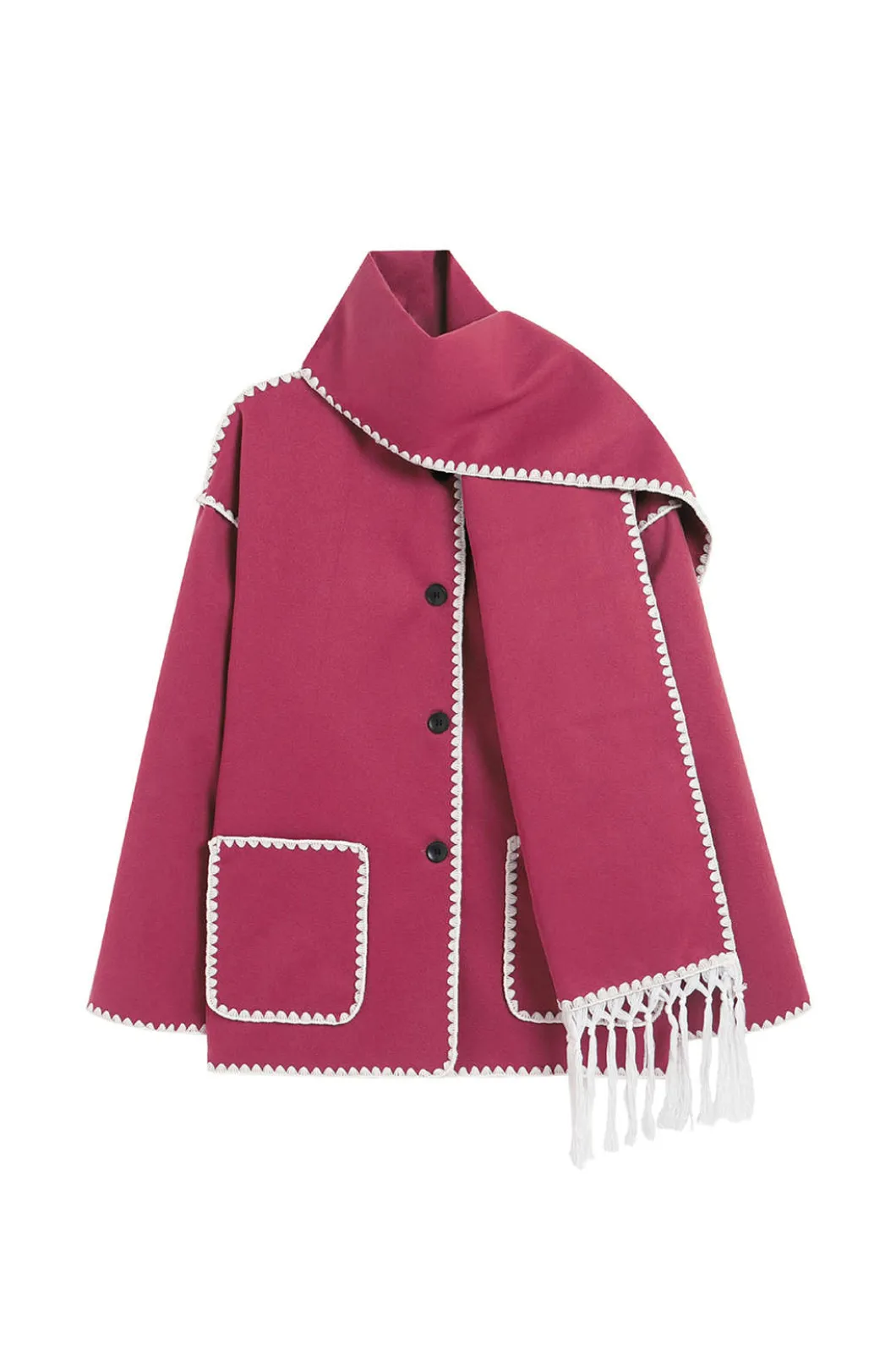 Contrast Trim Wool-blend Coat With Tassel Scarf>MICAS Sale