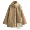 Contrast Trim Wool-blend Coat With Tassel Scarf>MICAS Sale