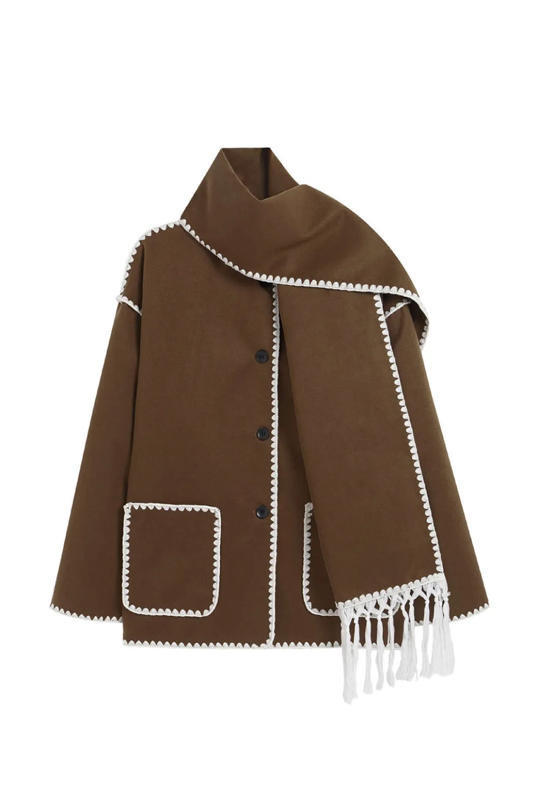 Contrast Trim Wool-blend Coat With Tassel Scarf>MICAS Sale