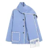 Contrast Trim Wool-blend Coat With Tassel Scarf>MICAS Sale