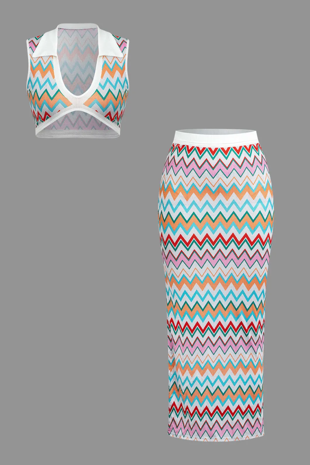 Contrast V-neck Crop Knit Tank Top And Split Maxi Skirt Set>MICAS Clearance