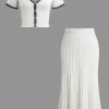 Contrast V-neck Knit Top And Pleated Midi Skirt Set>MICAS Discount