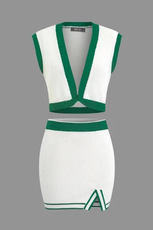 Contrast V-neck Knit Top And Mini Skirt Set>MICAS Sale