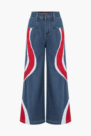 Contrast Wave Pattern Wide Leg Jeans>MICAS Hot