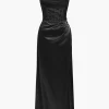 Corset Cowl Neck High Slit Maxi Dress>MICAS Clearance