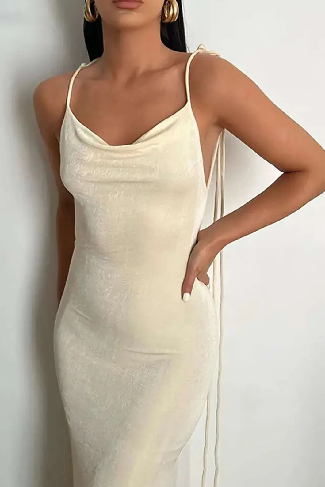 Cowl Neck Backless Tie Maxi Dress>MICAS Outlet