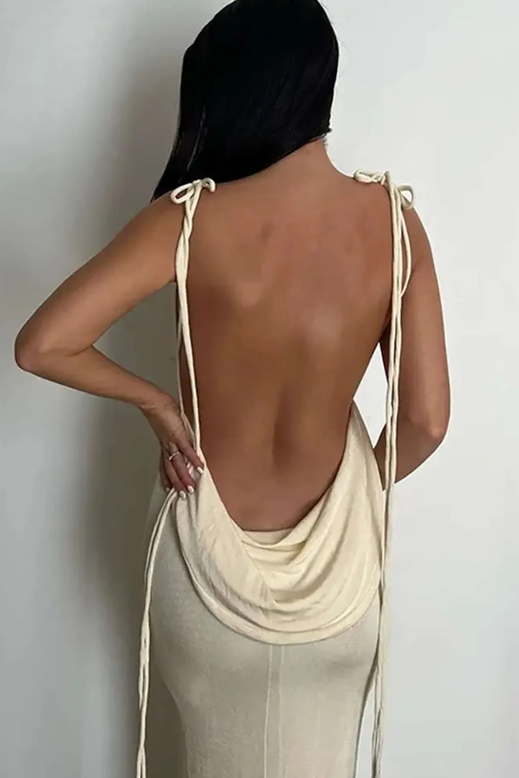 Cowl Neck Backless Tie Maxi Dress>MICAS Outlet