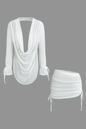Cowl Neck Backless Tie Mesh Top And Asymmetrical Mini Skirt Set>MICAS Outlet