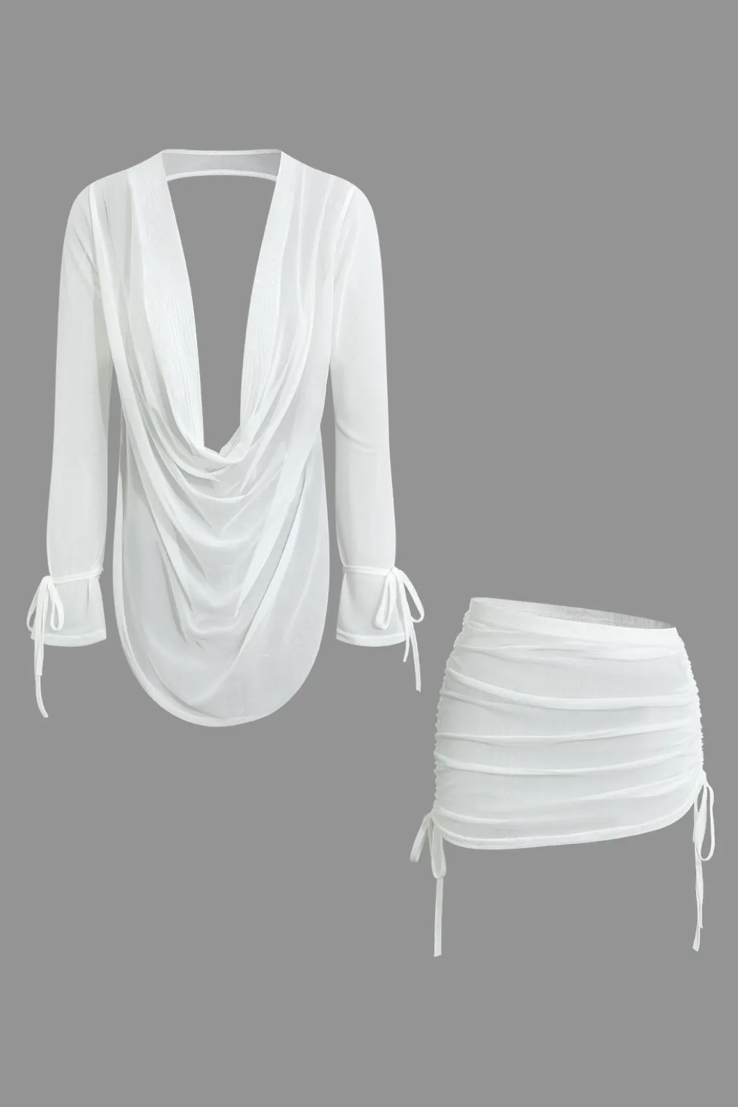 Cowl Neck Backless Tie Mesh Top And Asymmetrical Mini Skirt Set>MICAS Outlet