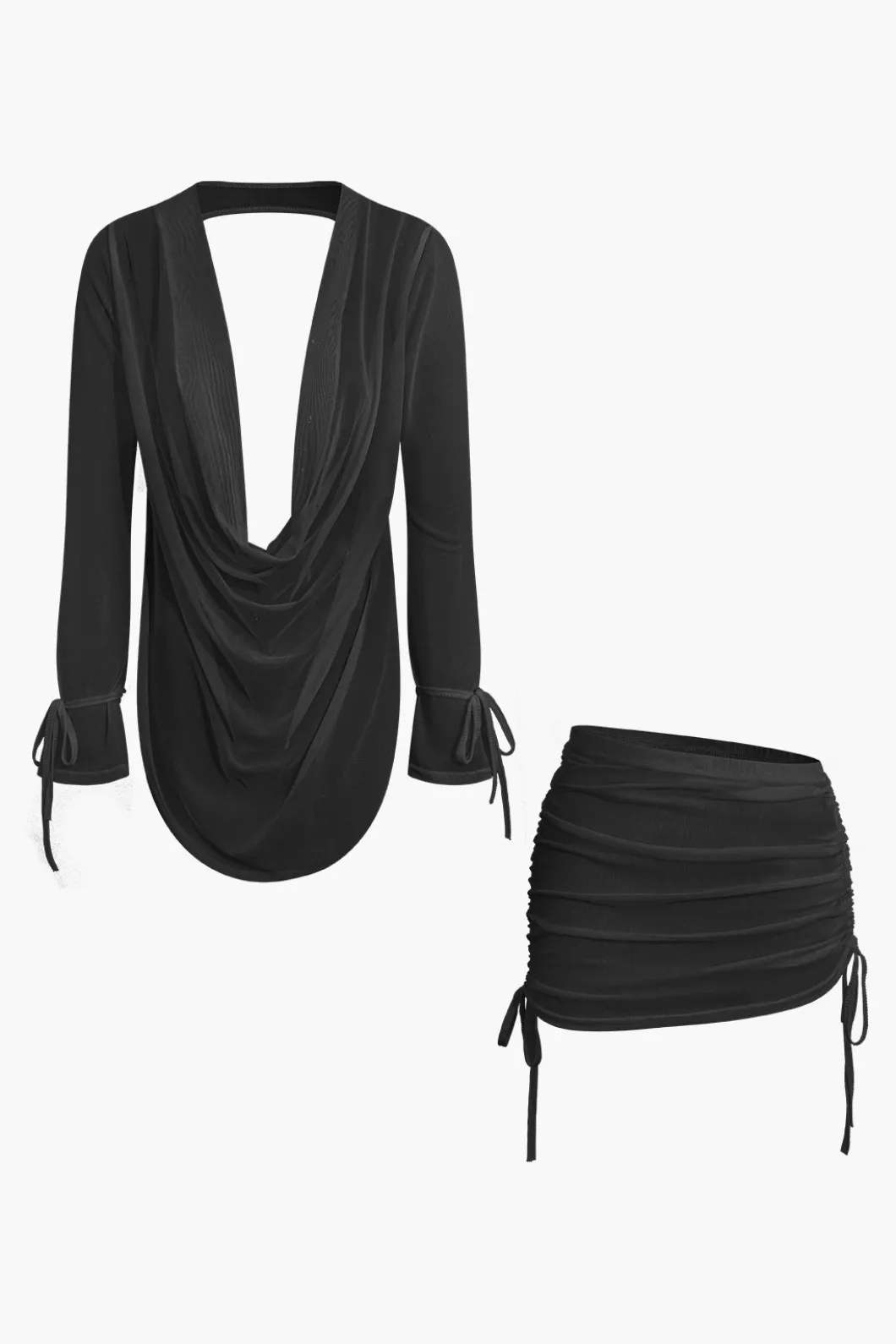 Cowl Neck Backless Tie Mesh Top And Asymmetrical Mini Skirt Set>MICAS Outlet