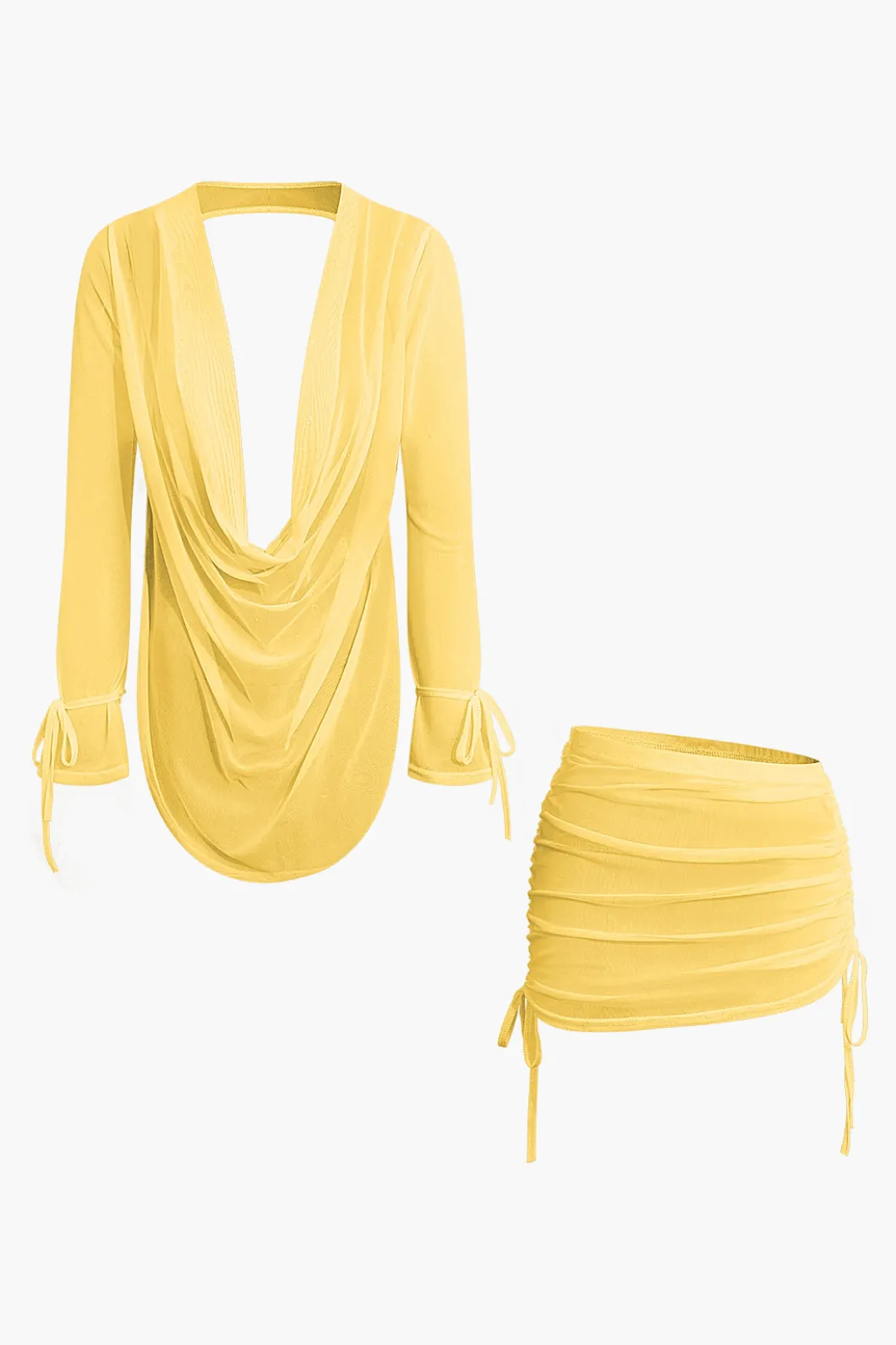 Cowl Neck Backless Tie Mesh Top And Asymmetrical Mini Skirt Set>MICAS Outlet