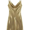 Cowl Neck Metallic Slip Mini Dress>MICAS Hot