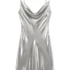 Cowl Neck Metallic Slip Mini Dress>MICAS Hot