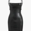Crocodile Faux Leather Backless Sleeveless Slip Mini Dress>MICAS Outlet