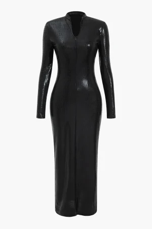 Crocodile Faux Leather Zipper V-Neck Maxi Dress>MICAS New