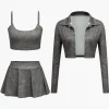 Crop Cami Top And Pleated Mini Skirt Set And Shirt Three-Piece Set>MICAS Fashion