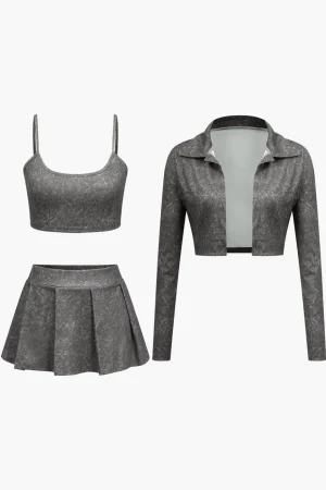Crop Cami Top And Pleated Mini Skirt Set And Shirt Three-Piece Set>MICAS Fashion