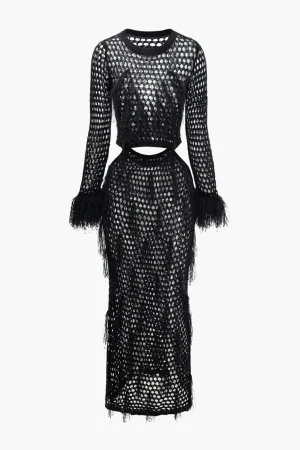 Cut Out Open Knit Fringe Cuff Maxi Dress>MICAS Hot
