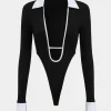 Cut Out Patchwork Contrast Binding Long Sleeve Bodysuit>MICAS Discount