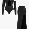 Cutout Bodysuit And High-Slit Skirt Set>MICAS Fashion