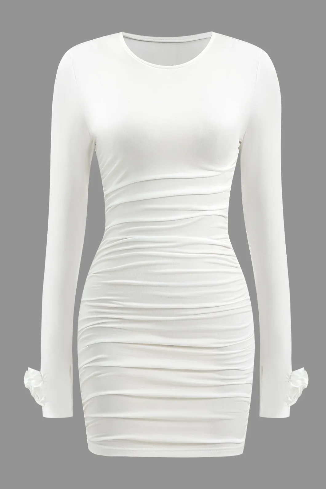 3D Floral Long Sleeve Round Neck Ruched Mini Dress>MICAS Best