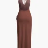 3D Floral V-Neck Backless Slit Maxi Dress>MICAS New
