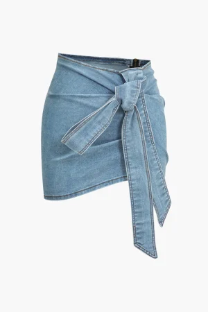 Denim Asymmetrical Bow Skirt>MICAS Clearance