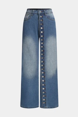 Denim Button High Waist Straight Leg Jeans>MICAS Hot