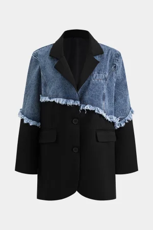 Denim Button Patchwork Long Sleeve Blazer>MICAS Online