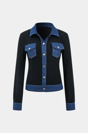 Denim Button Patchwork Pocket Long-Sleeve Top>MICAS Best