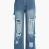 Denim Cut Out Washed Straight Leg Jeans>MICAS Online