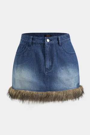 Denim Faux Fur Patchwork Button Skirt>MICAS Discount