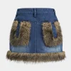 Denim Faux Fur Patchwork Button Skirt>MICAS Discount