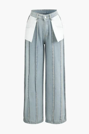 Denim Frayed Detail Straight Leg Jeans>MICAS Fashion