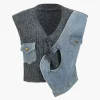Denim Patchwork Asymmetrical Sweater Vest>MICAS Hot