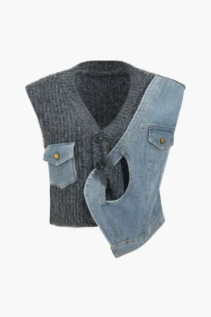 Denim Patchwork Asymmetrical Sweater Vest>MICAS Hot