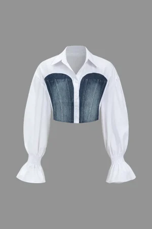 Denim Patchwork Bell Sleeves Long-Sleeve Shirt>MICAS New