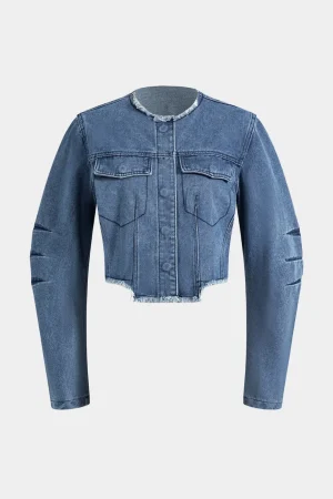 Denim Patchwork Button Round Neck Pocket Outerwear>MICAS Discount