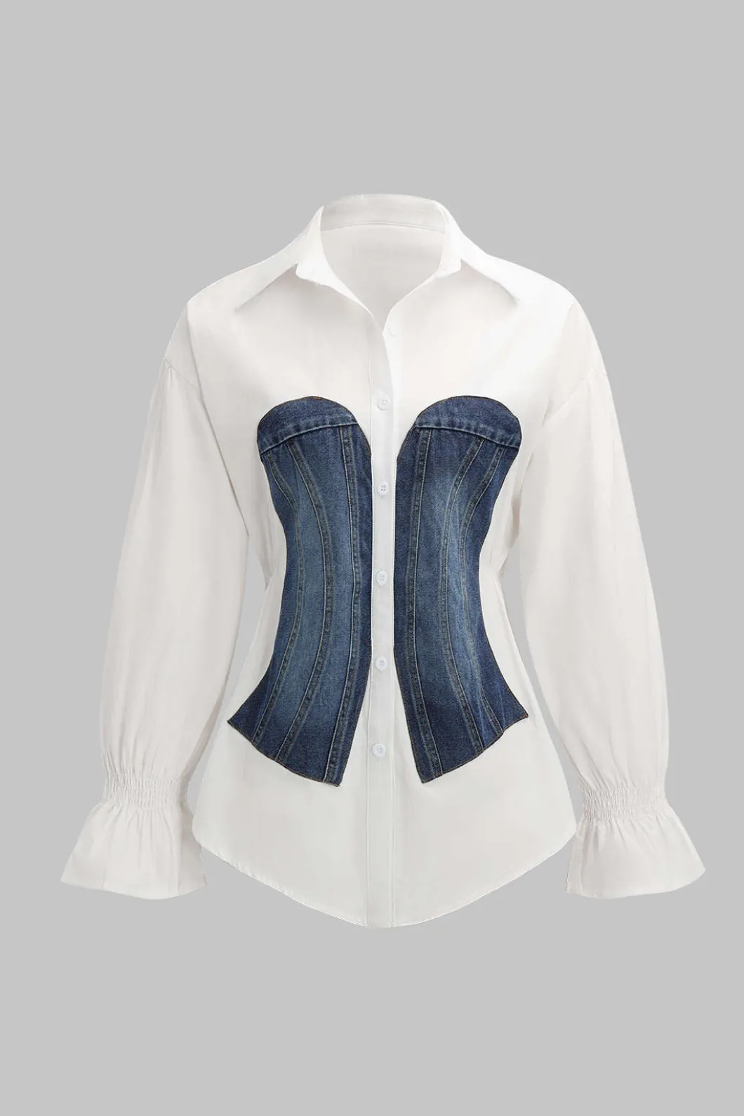 Denim Patchwork Corset Waist Long-Sleeve Shirt>MICAS Sale