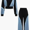 Denim Patchwork Long Sleeve Top And Wide Leg Trousers Set>MICAS Discount