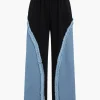 Denim Patchwork Long Sleeve Top And Wide Leg Trousers Set>MICAS Discount