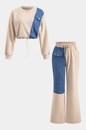 Denim Patchwork Pocket Drawstring Top And Trousers Set>MICAS Online